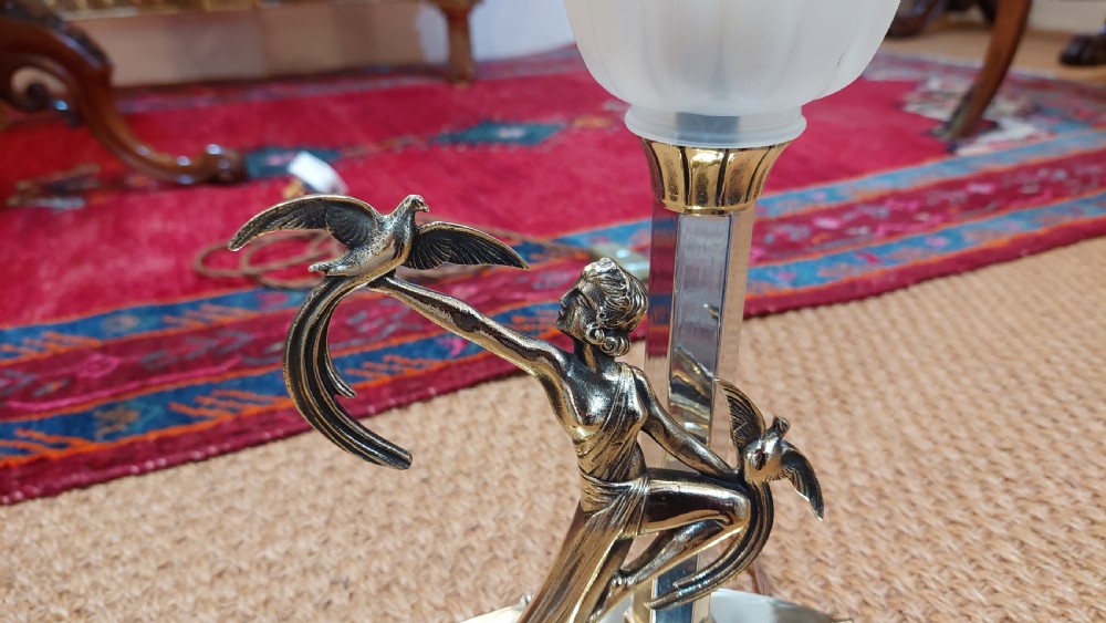 Art Deco Gilded Bronze Figural Lady and Doves Table Lamp View III