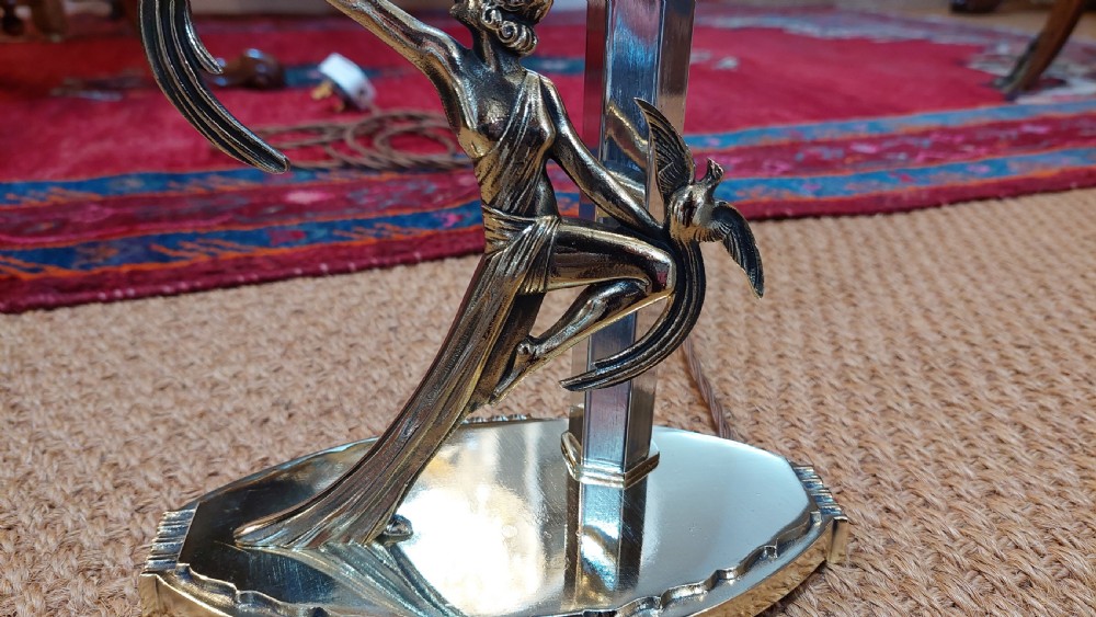 Art Deco Gilded Bronze Figural Lady and Doves Table Lamp View IV