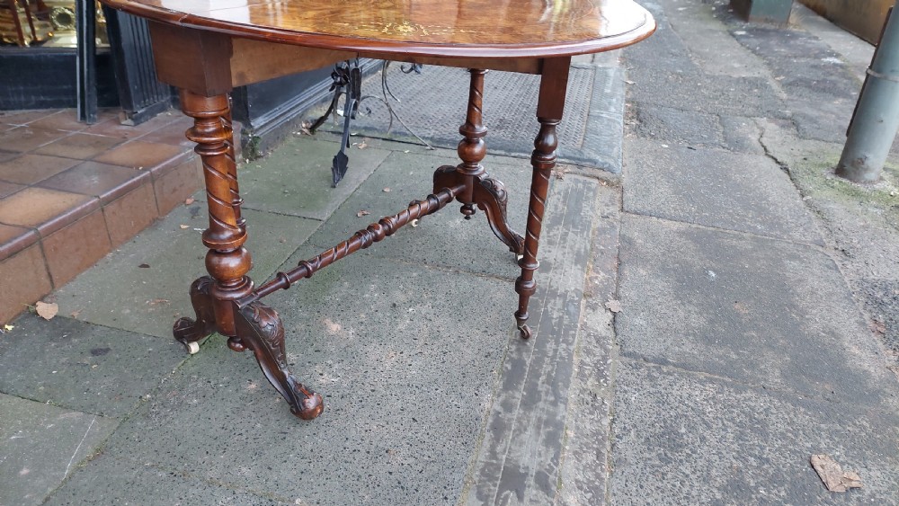 Victorian Burr Walnut and Satinwood Inlaid Sutherland Table View V