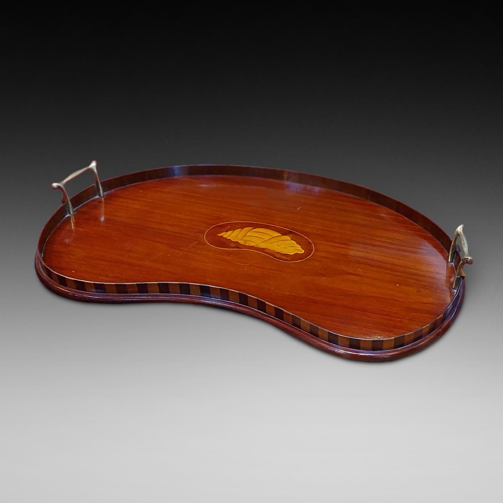 Edwardian Mahogany and Inlaid Kidney Shaped Serving Tray