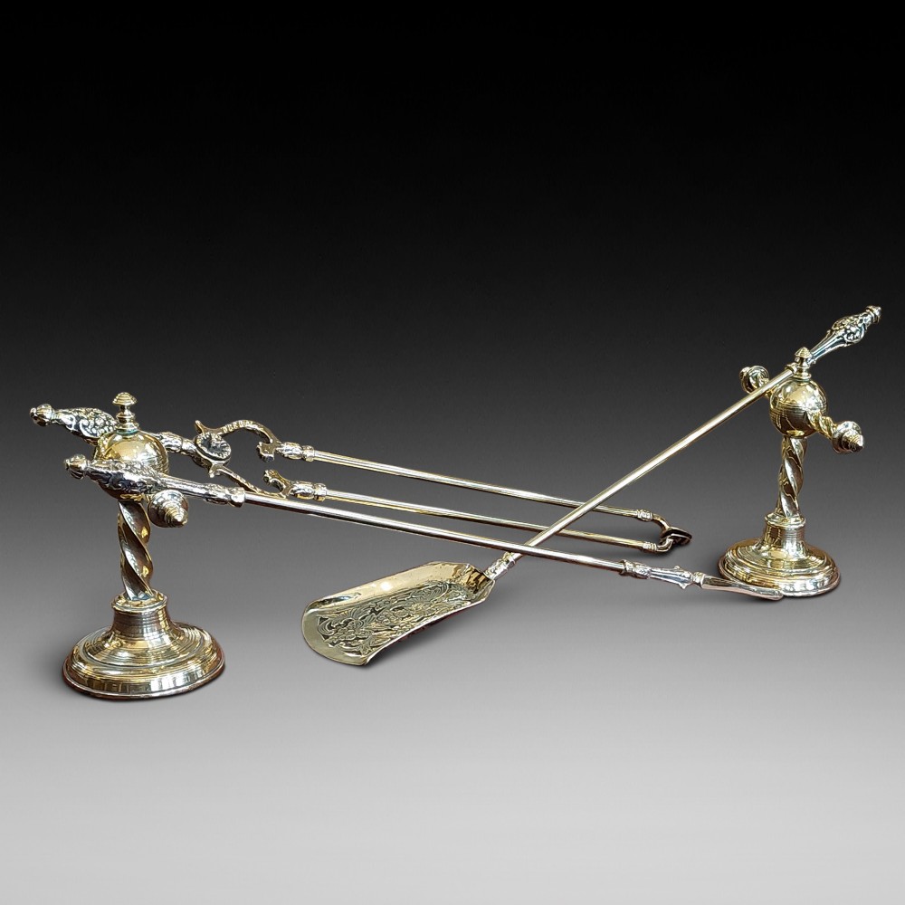 Pair of Victorian Twisted Brass Fireside Dog Stands and Tools