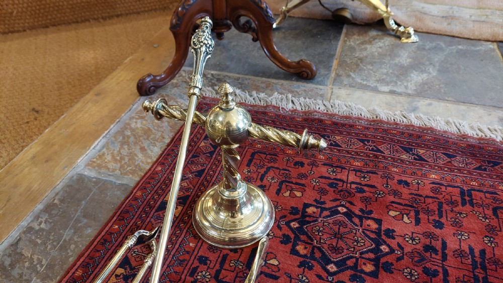 Pair of Victorian Twisted Brass Fireside Dog Stands and Tools View II