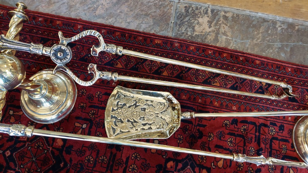 Pair of Victorian Twisted Brass Fireside Dog Stands and Tools View III