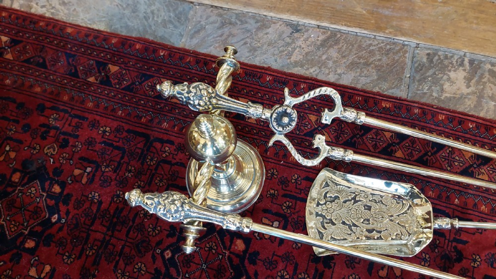 Pair of Victorian Twisted Brass Fireside Dog Stands and Tools View IV