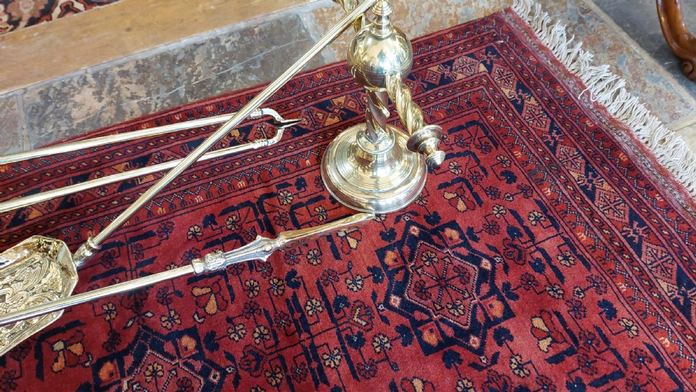 Pair of Victorian Twisted Brass Fireside Dog Stands and Tools View V
