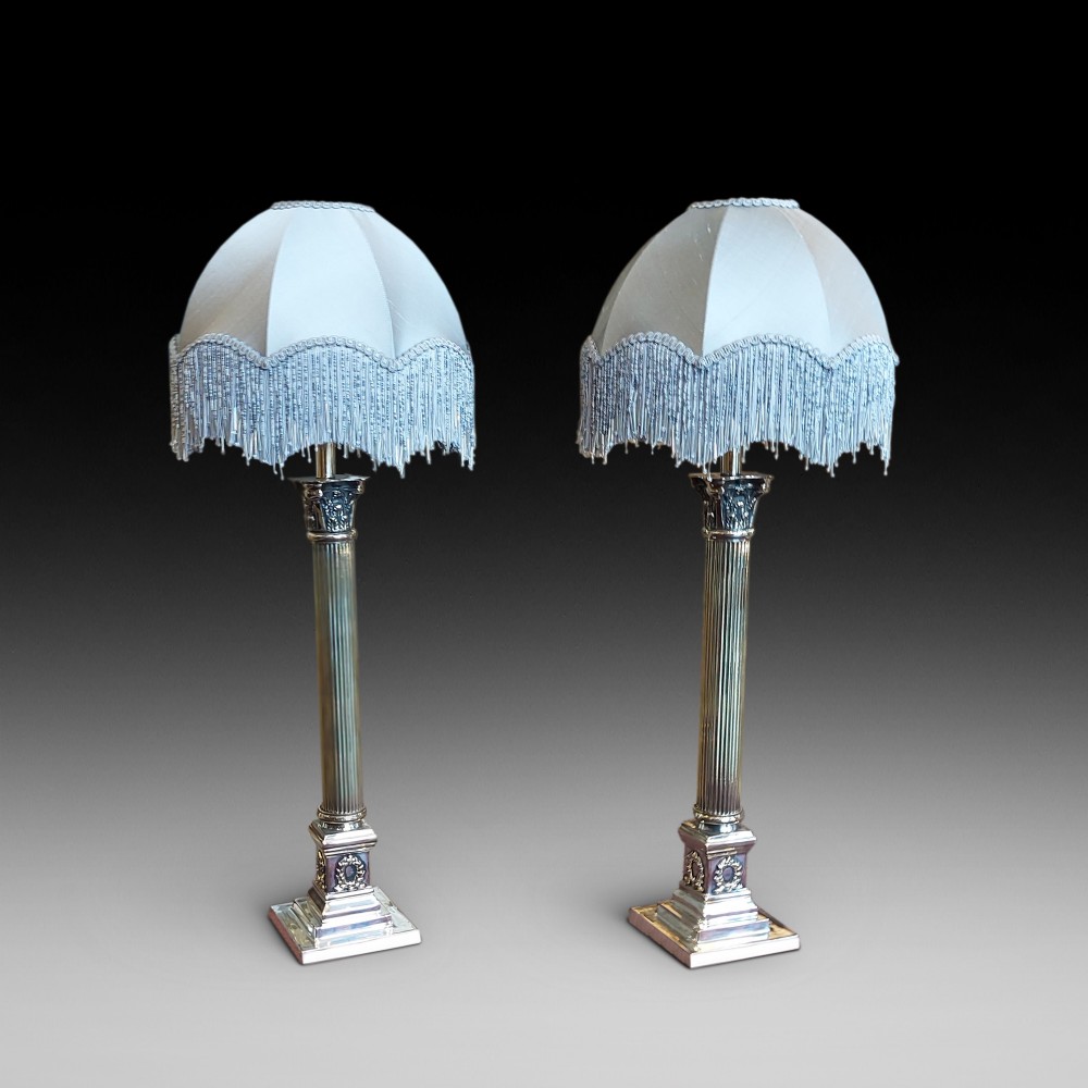 Pair of Edwardian Neoclassical Corinthian Column Table Lamps