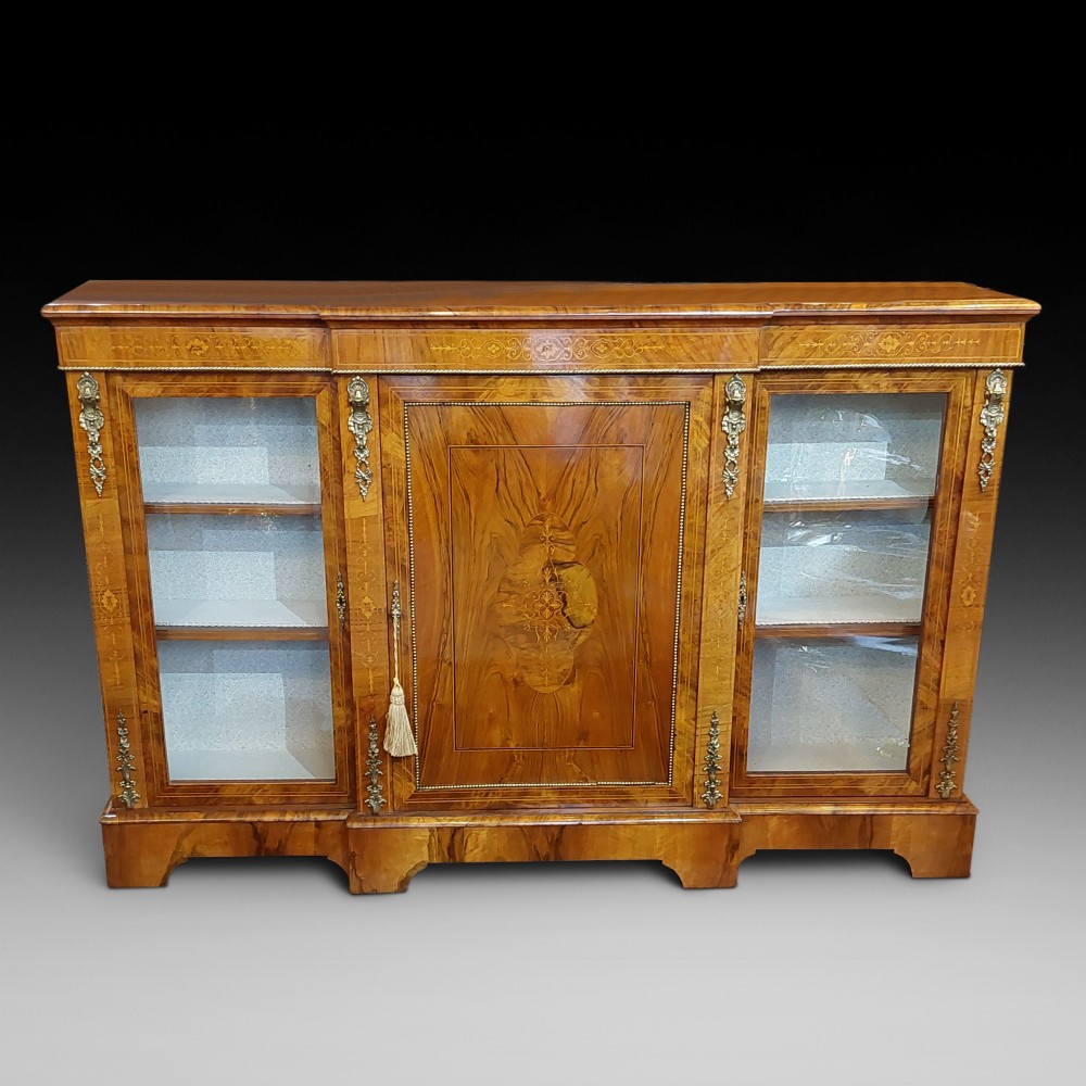 19thC Inlaid Black Walnut Breakfront Credenza Cabinet