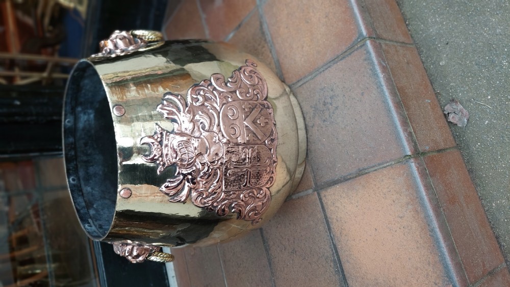 19thC Regency Brass and Copper Log Bin Planter View IV