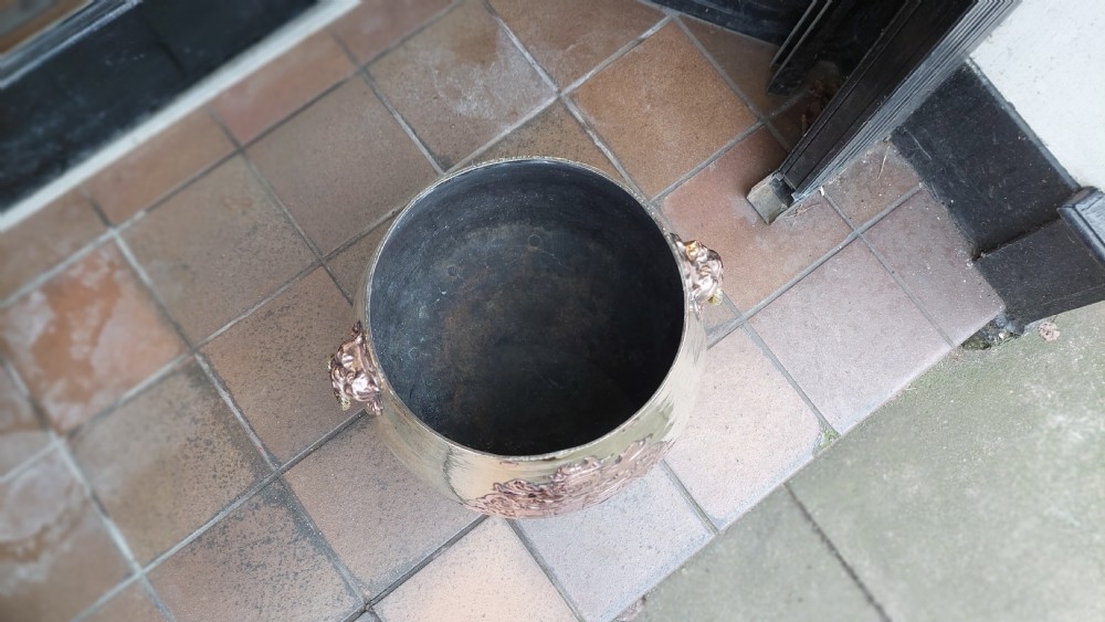 19thC Regency Brass and Copper Log Bin Planter View V