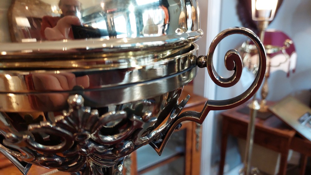 An ornate Victorian brass adjustable standard lamp featuring a scrolled tripod base with paw feet and a fabric shade with fringed tassels. View XI