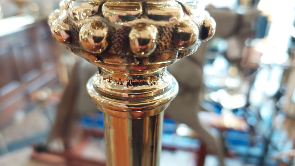 An ornate Victorian brass adjustable standard lamp featuring a scrolled tripod base with paw feet and a fabric shade with fringed tassels. View XII
