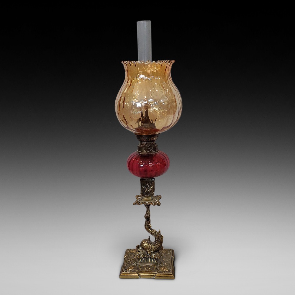 19thC Gilt Brass Oil Lamp