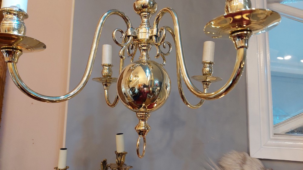 Early 20thC Dutch brass four-branch chandelier View III