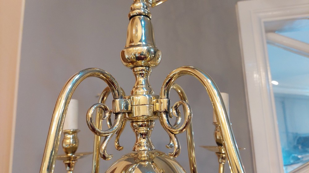 Early 20thC Dutch brass four-branch chandelier View IV