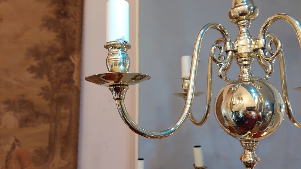 Early 20thC Dutch brass four-branch chandelier View V