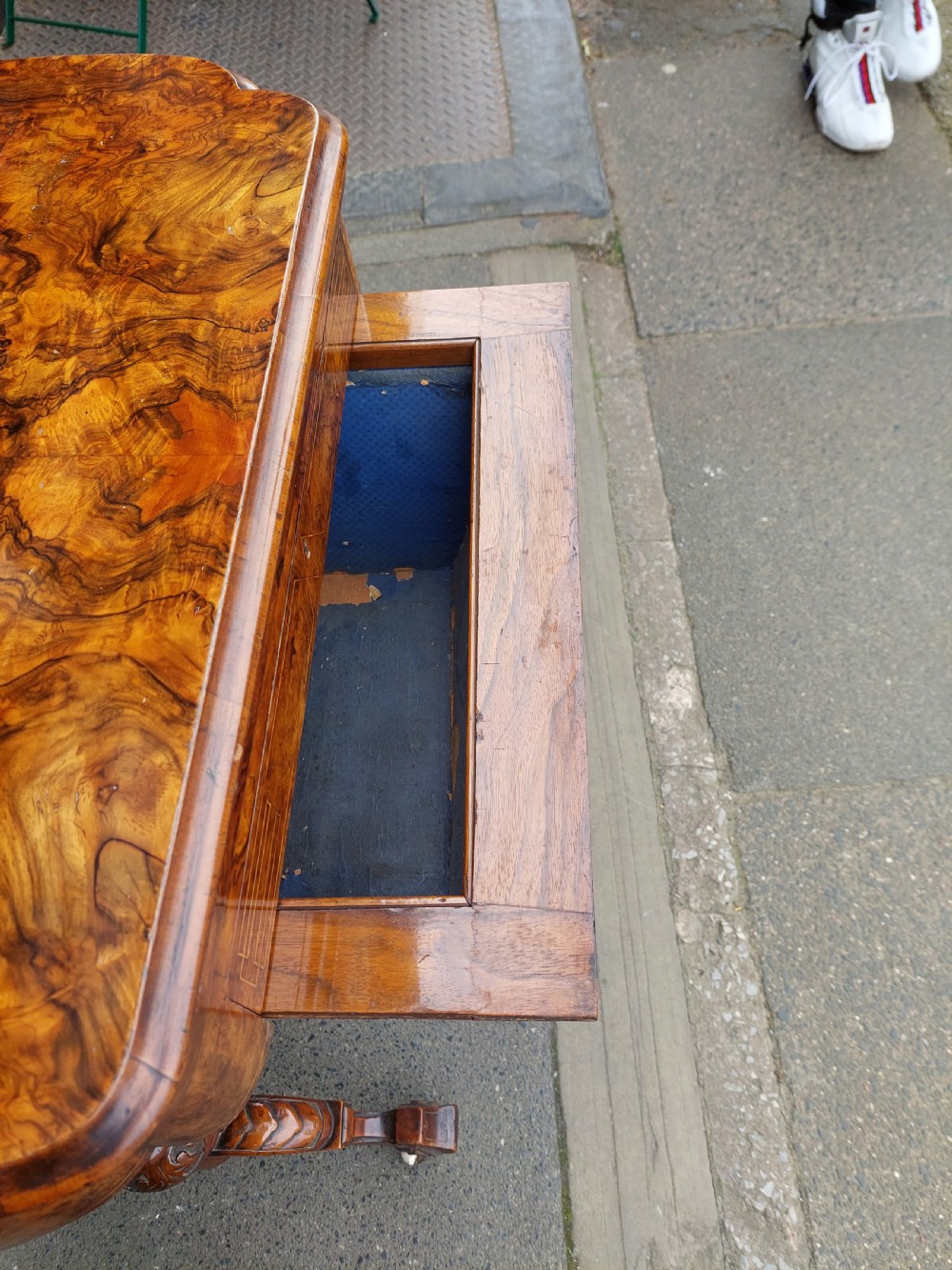 Victorian Burr Walnut Games Sewing Table View VIII