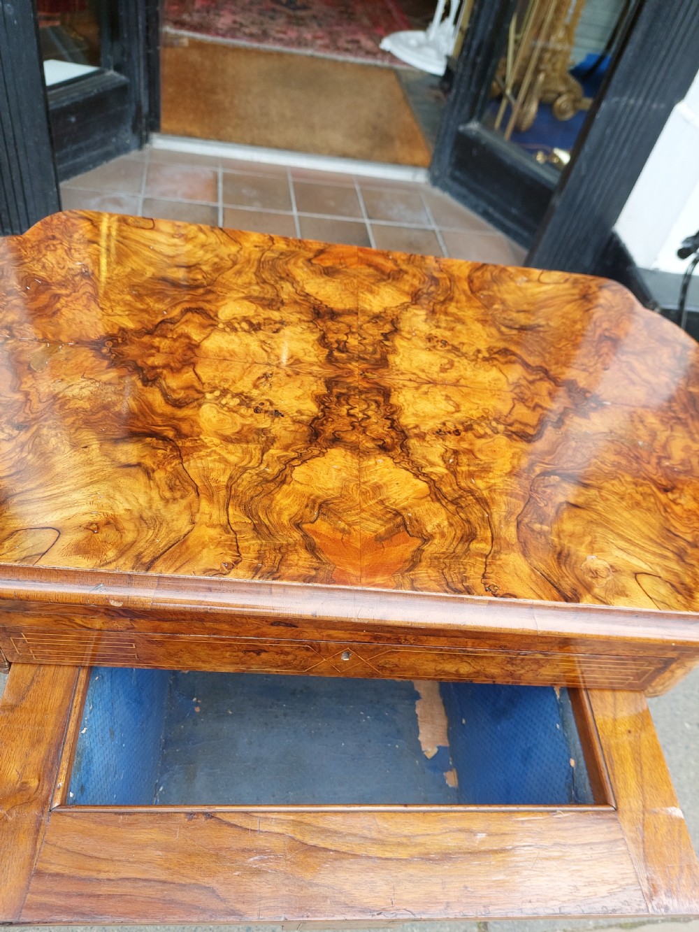 Victorian Burr Walnut Games Sewing Table View IX