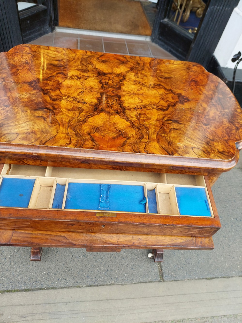 Victorian Burr Walnut Games Sewing Table View X