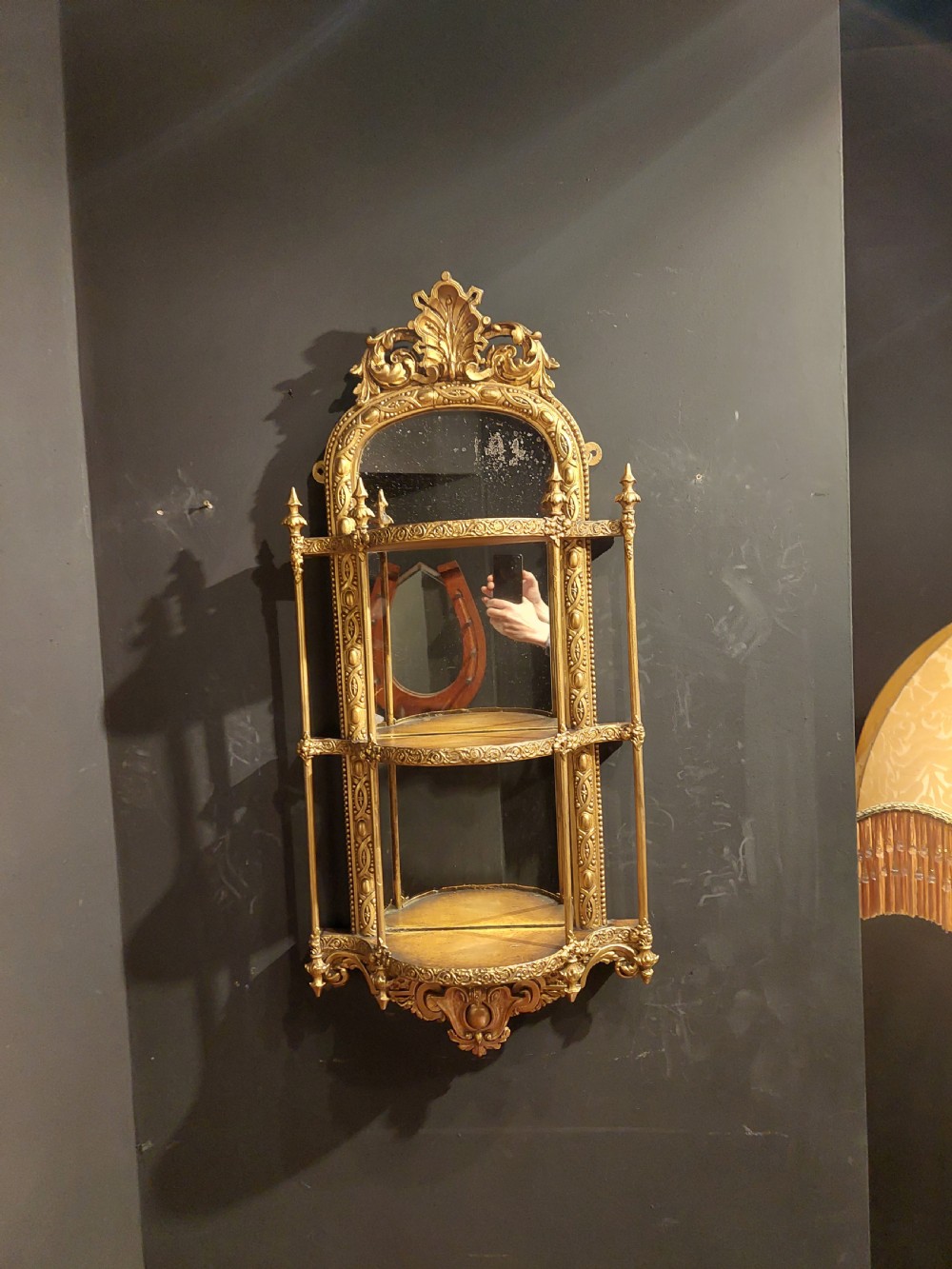 Victorian gilt gesso wall hanging three tier mirrored shelves View II