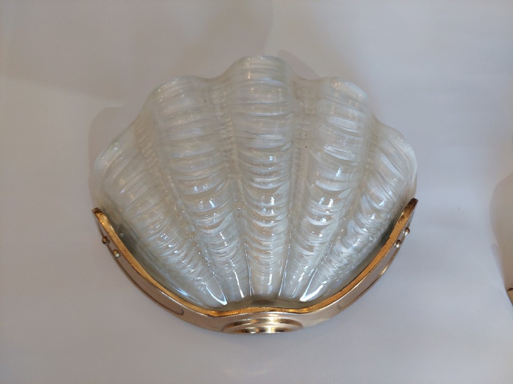 Pair of Art Deco Clam Shell Frosted Glass Wall Lamps View II