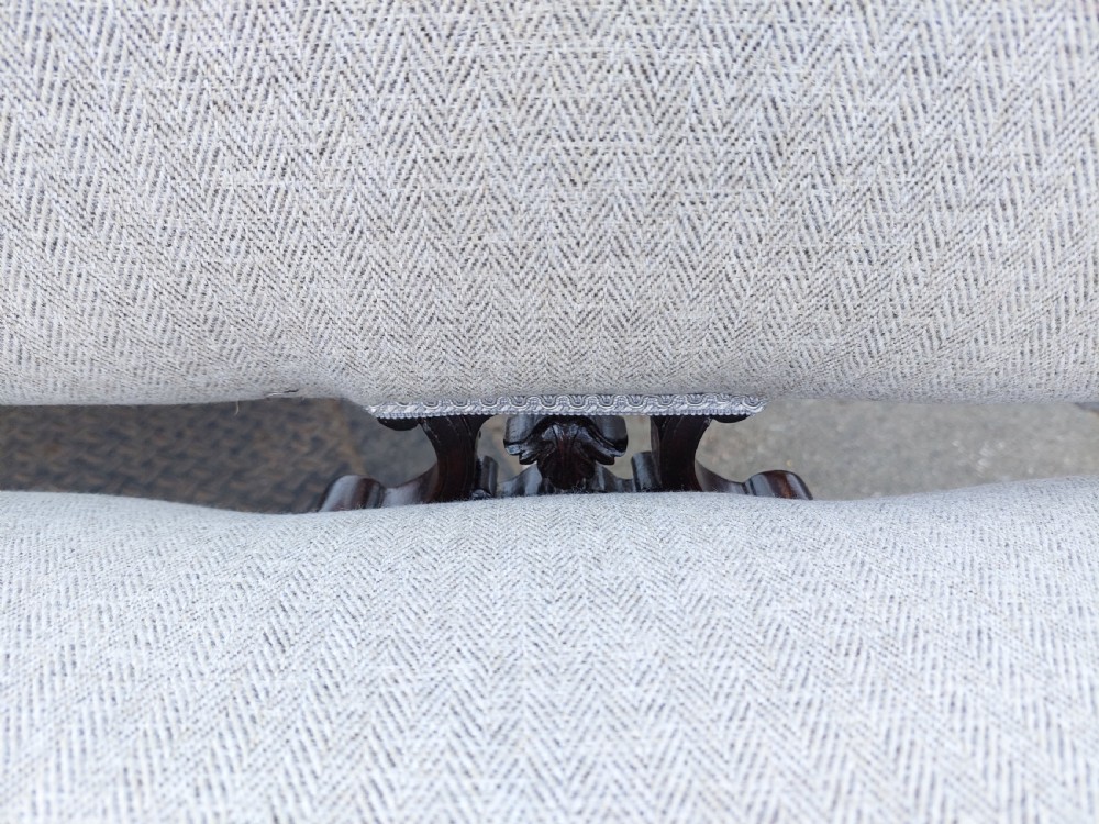 Late Victorian Upholstered Mahogany Camel Back Settee View IV