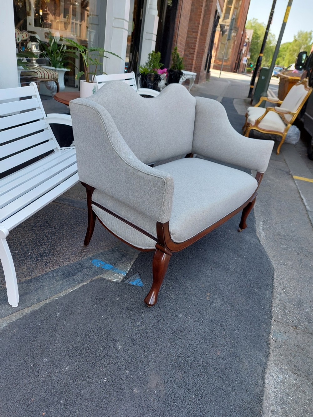 Late Victorian Upholstered Mahogany Camel Back Settee View VI