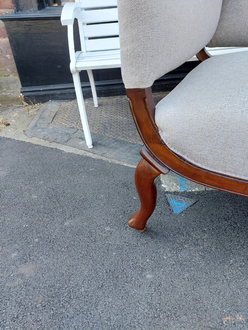 Late Victorian Upholstered Mahogany Camel Back Settee View VII