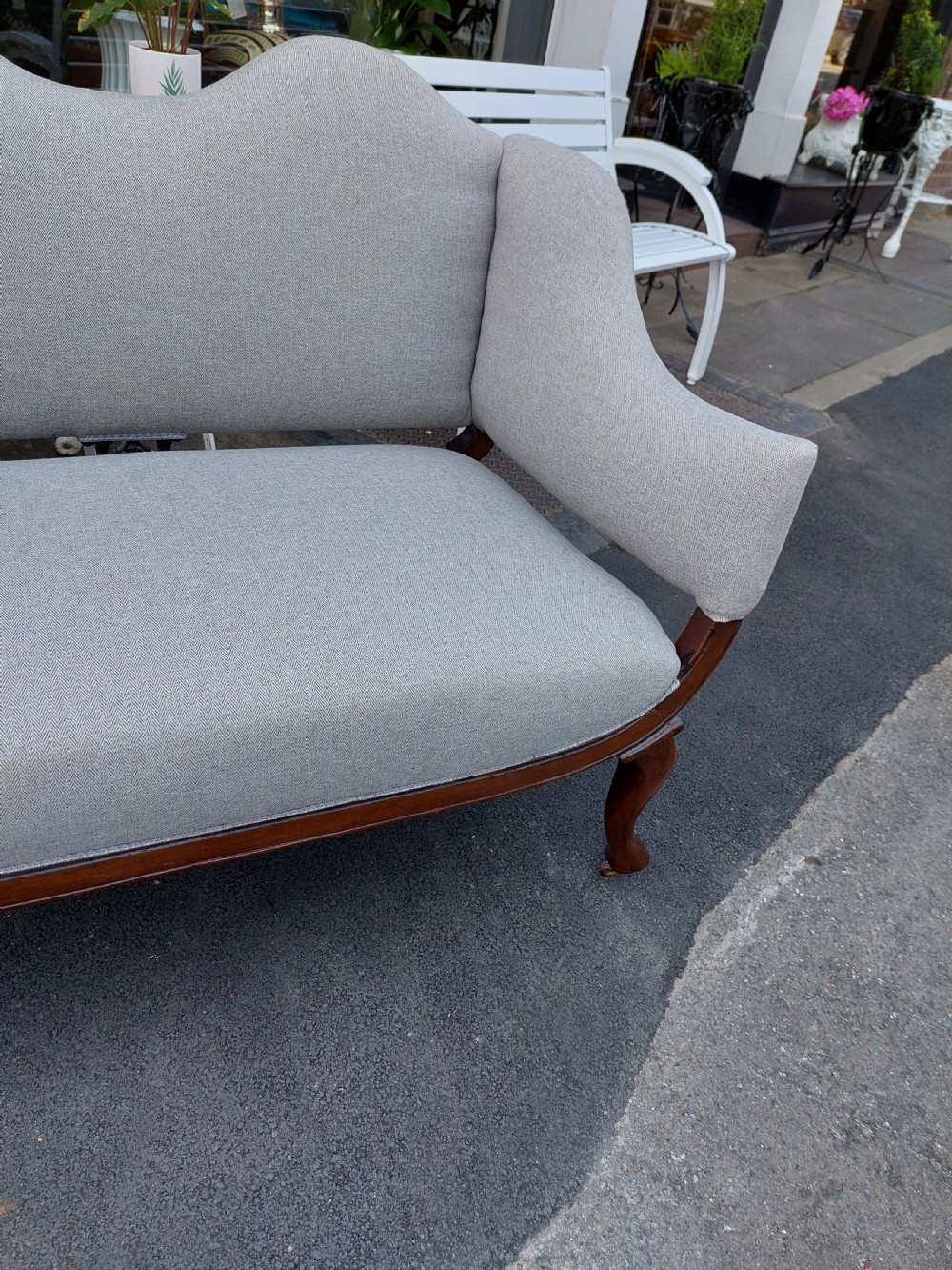 Late Victorian Upholstered Mahogany Camel Back Settee View VIII