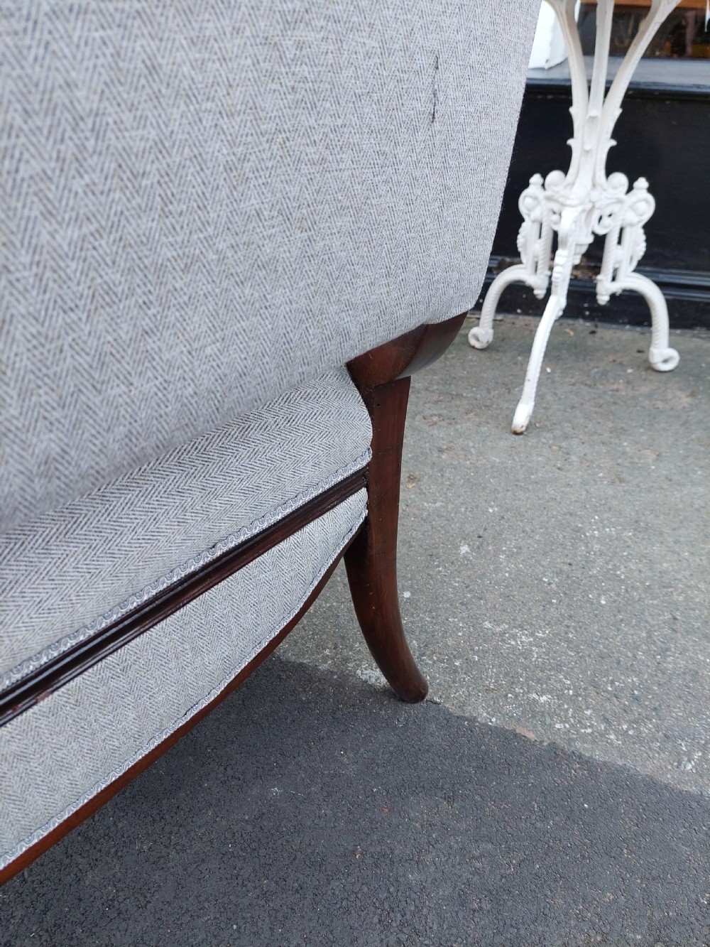 Late Victorian Upholstered Mahogany Camel Back Settee View IX