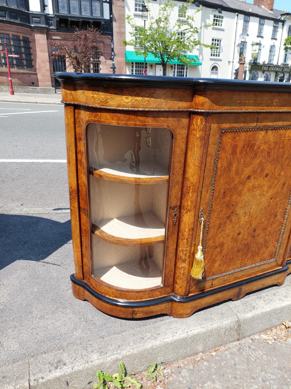 Victorian Burr Walnut Bow Fronted Credenza View IV