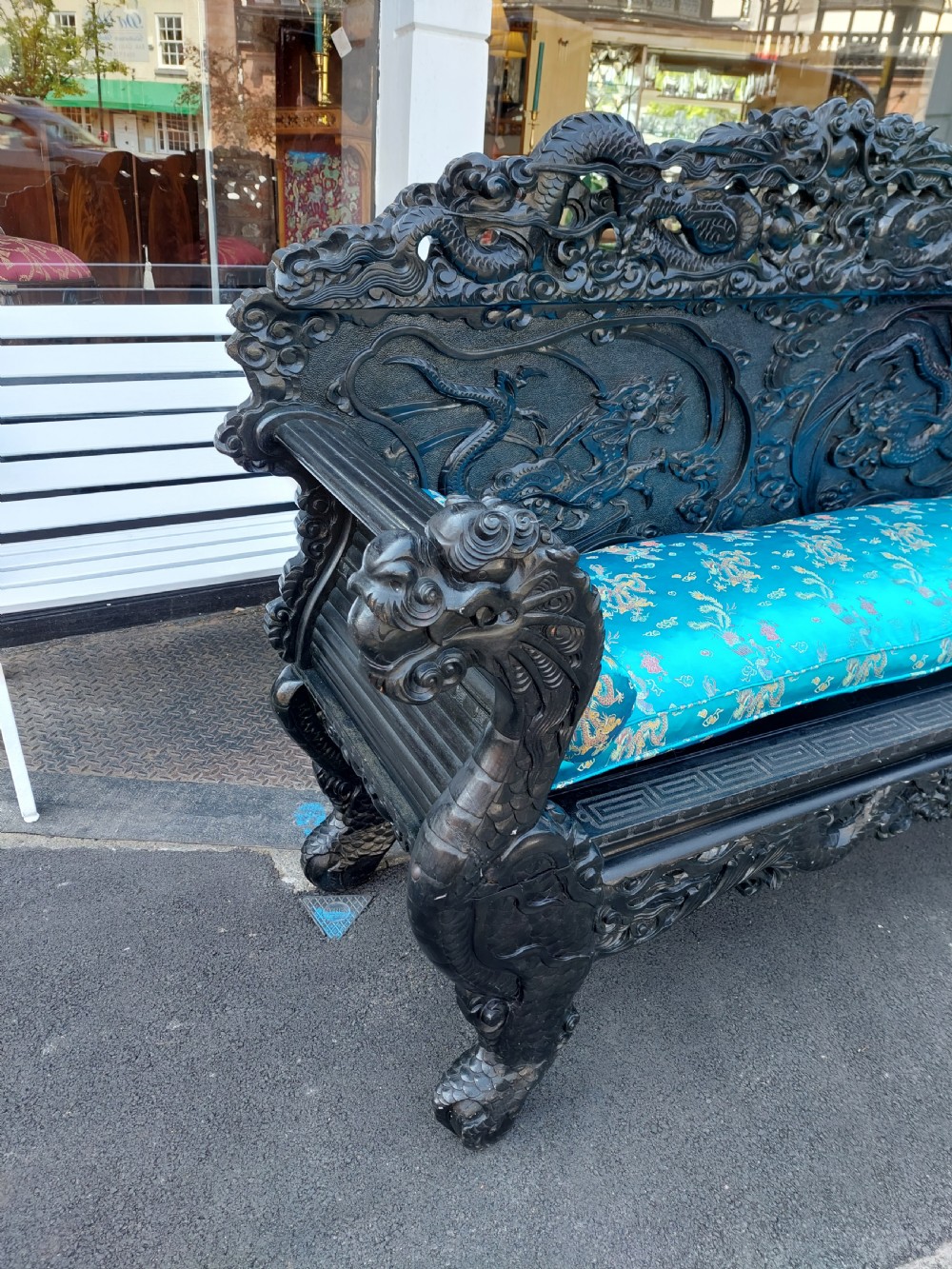 Large Chinese Carved Hard Wood Hall Bench View III