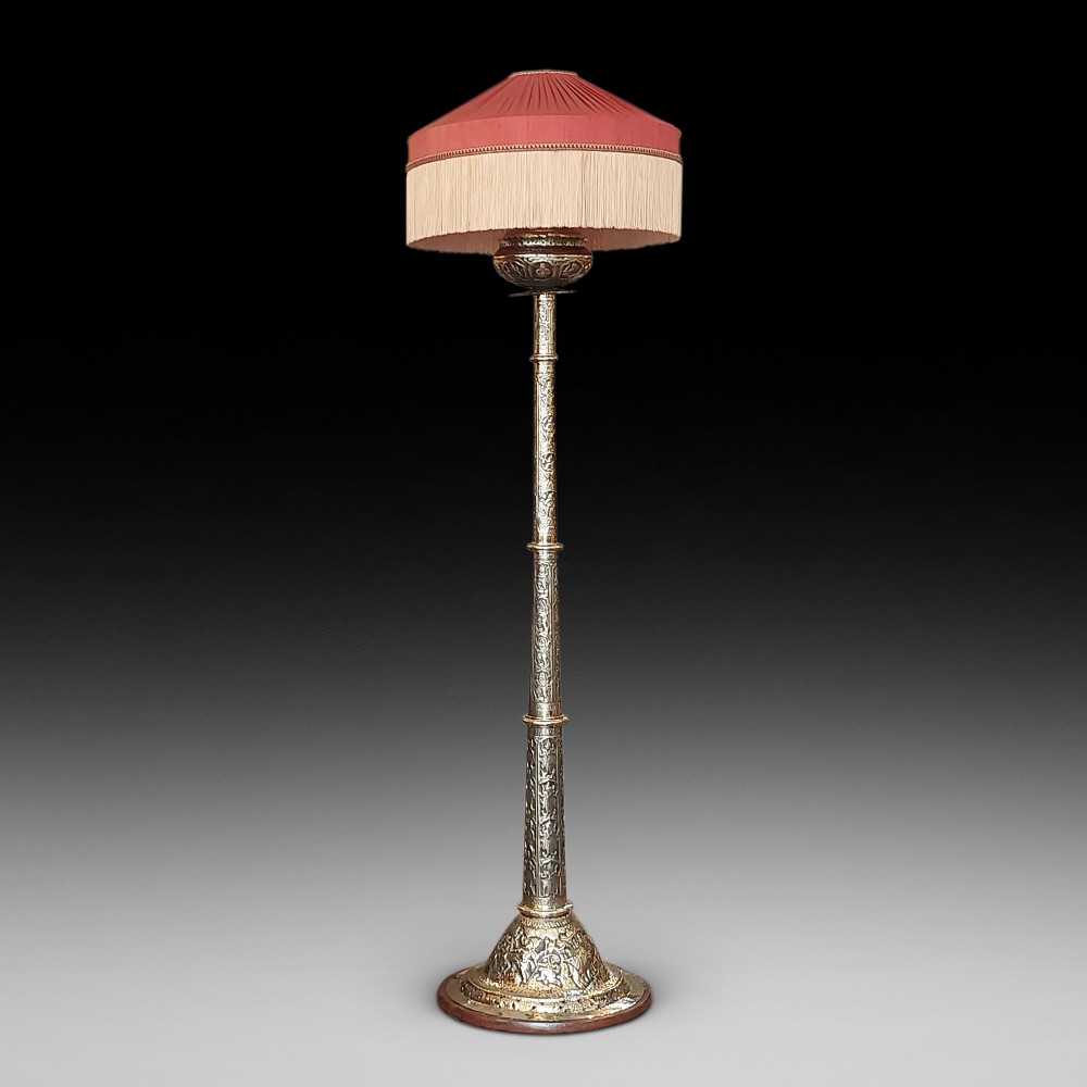 Large Indian Brass Lamp Standard Embossed with Elephants and Hindi Deities 