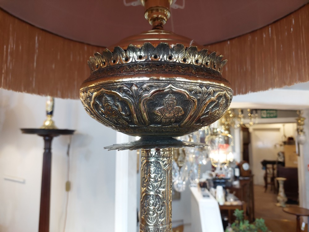 Large Indian Brass Lamp Standard Embossed with Elephants and Hindi Deities  View II