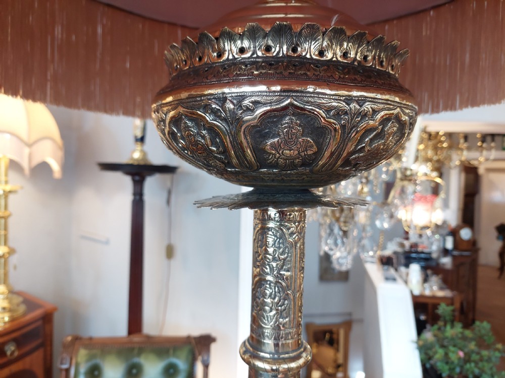 Large Indian Brass Lamp Standard Embossed with Elephants and Hindi Deities  View IV