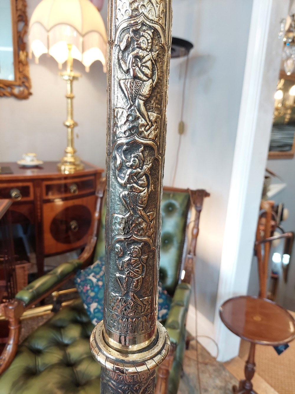 Large Indian Brass Lamp Standard Embossed with Elephants and Hindi Deities  View V