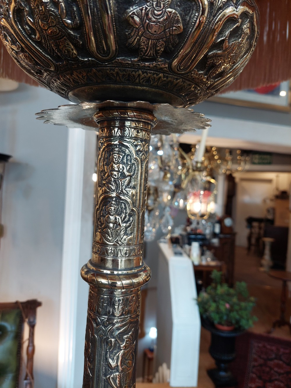 Large Indian Brass Lamp Standard Embossed with Elephants and Hindi Deities  View VI