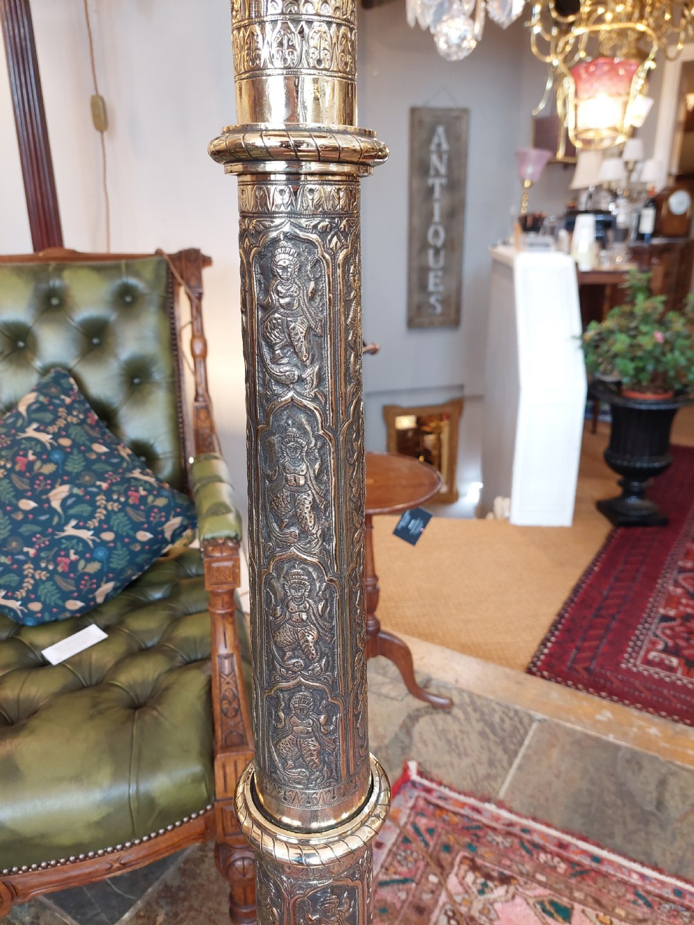 Large Indian Brass Lamp Standard Embossed with Elephants and Hindi Deities  View VII