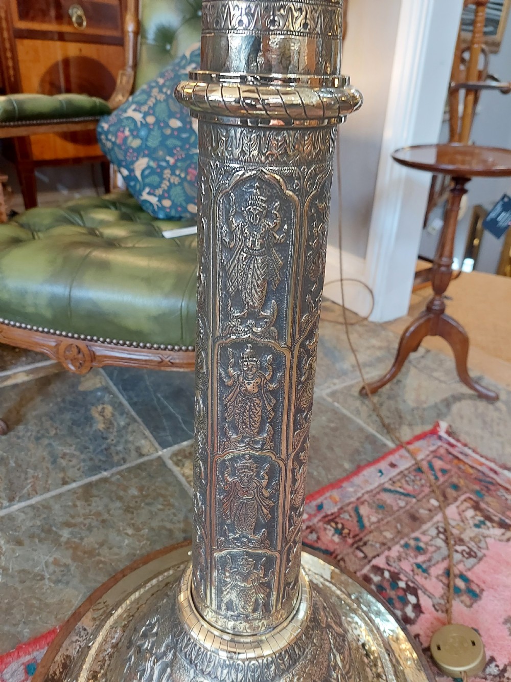 Large Indian Brass Lamp Standard Embossed with Elephants and Hindi Deities  View VIII