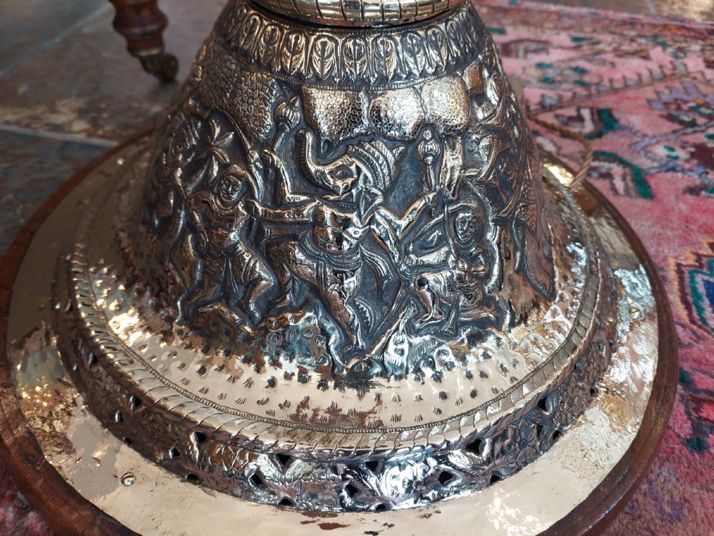 Large Indian Brass Lamp Standard Embossed with Elephants and Hindi Deities  View IX