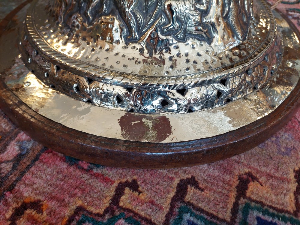 Large Indian Brass Lamp Standard Embossed with Elephants and Hindi Deities  View X