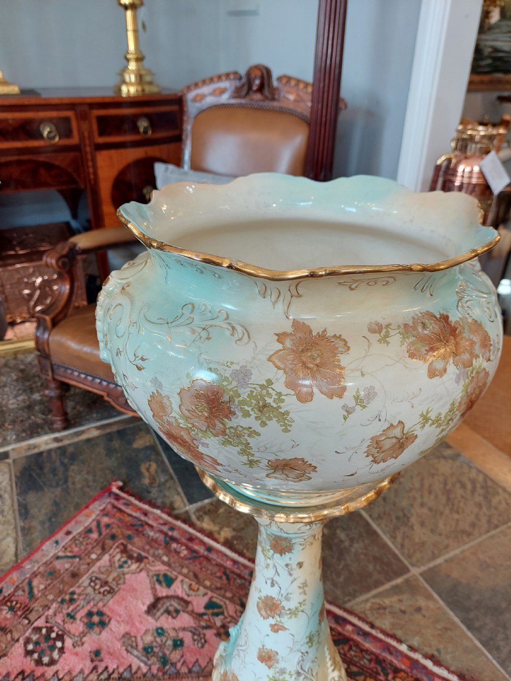 Victorian Staffordshire pottery floral decorated jardiniere on stand View III
