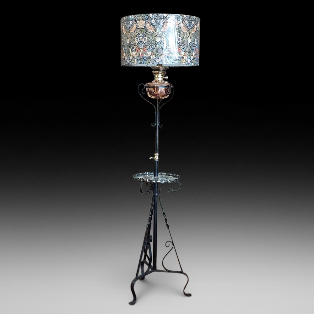 Arts and Crafts Wrought Iron and Copper Standard Oil Lamp converted to electric