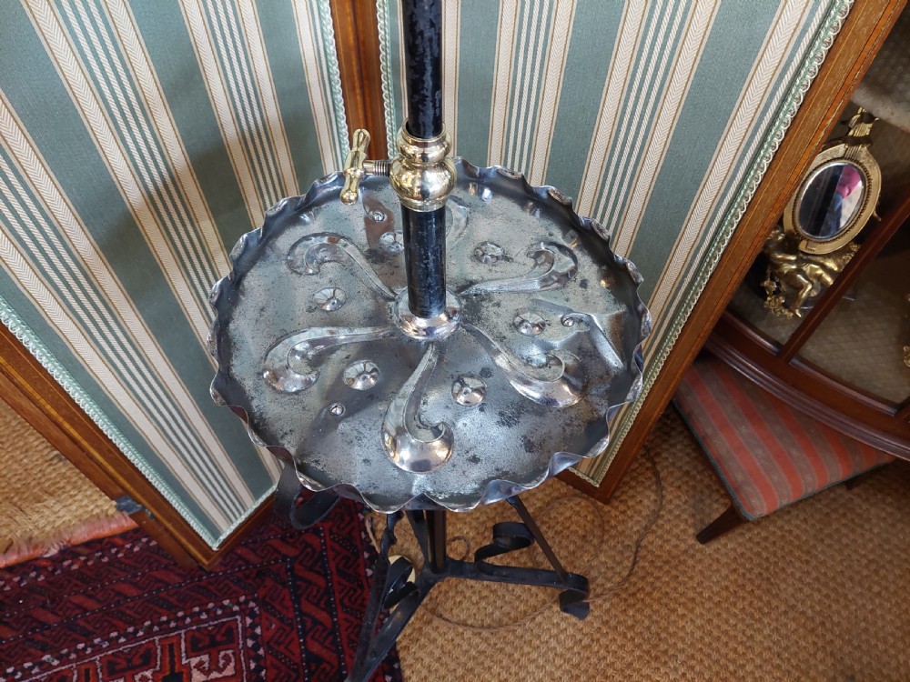 Arts and Crafts Wrought Iron and Copper Standard Oil Lamp converted to electric View II