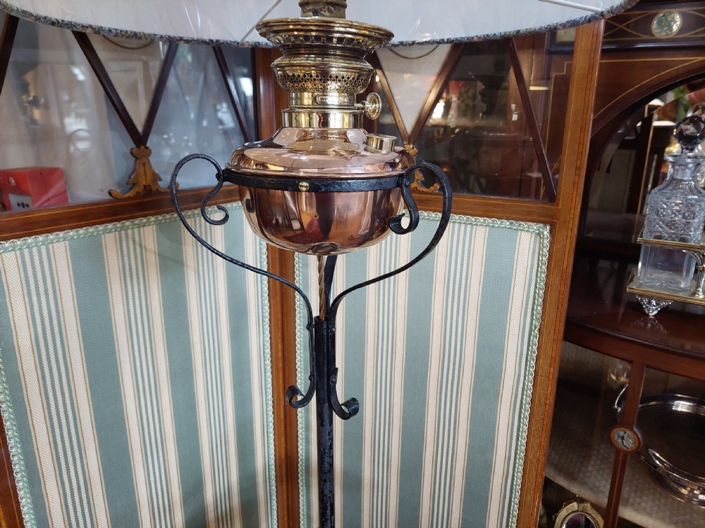 Arts and Crafts Wrought Iron and Copper Standard Oil Lamp converted to electric View III