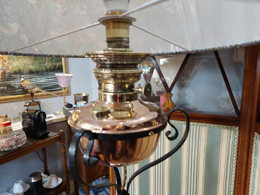 Arts and Crafts Wrought Iron and Copper Standard Oil Lamp converted to electric View V