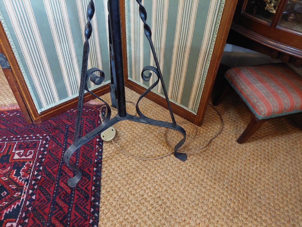 Arts and Crafts Wrought Iron and Copper Standard Oil Lamp converted to electric View VI