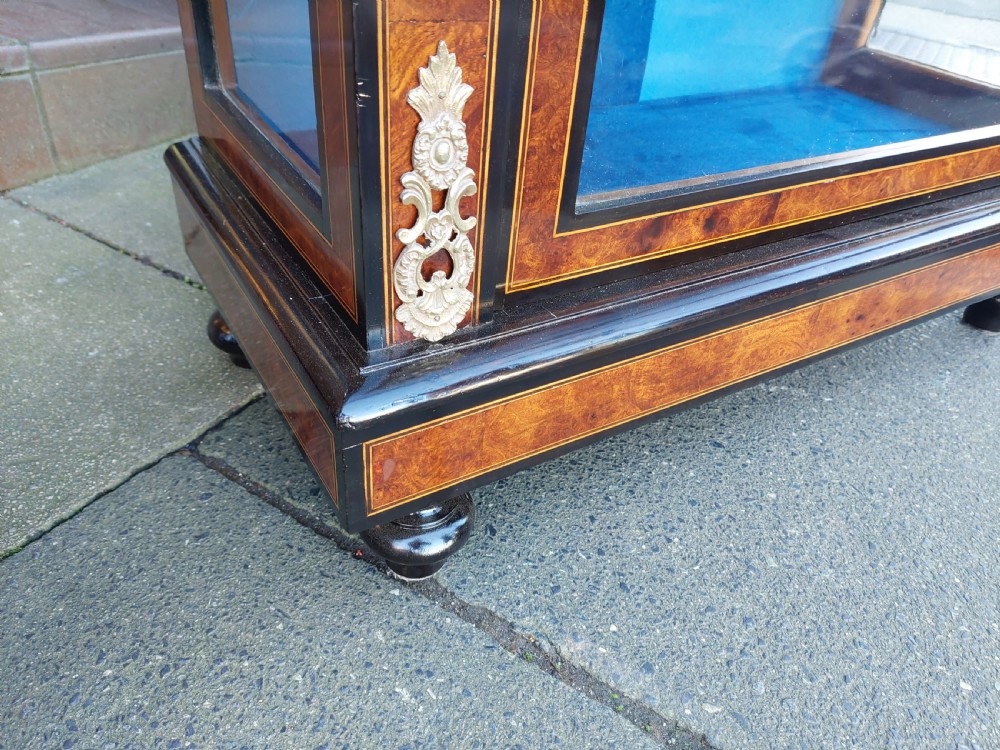 A pair of Victorian burr walnut display cabinets featuring ebonised borders, marquetry inlay, brass mounts, single glazed doors, and blue velvet lined shelves. View VII