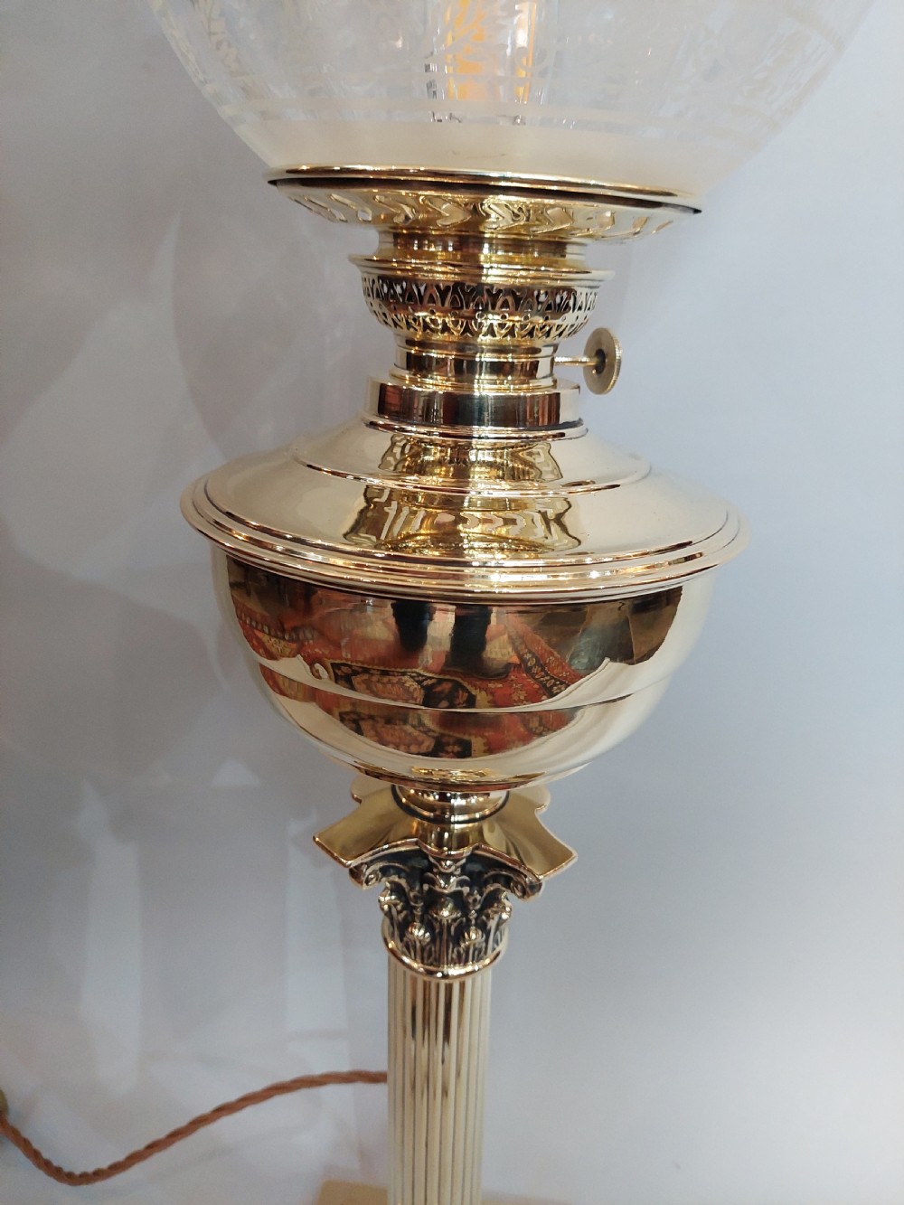19thC French Brass Corinthian Column Oil Lamp - converted to electric  View V
