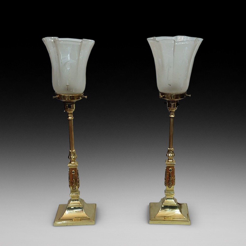 Pair of Edwardian Adam Revival Brass Table Lamps