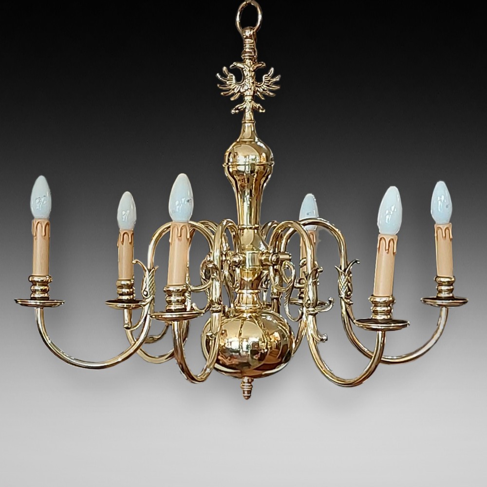 Early 20thC Dutch Brass 6 Arm Chandelier